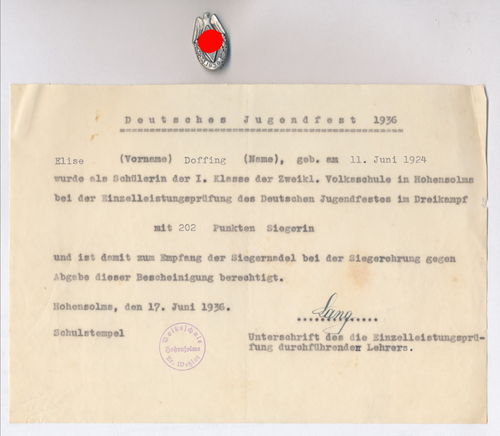 BDM Urkunde & Wettkampf HJ Siegernadel für Mädel Elise Doffing Jugendfest Hitlerjugend DJ 1936
