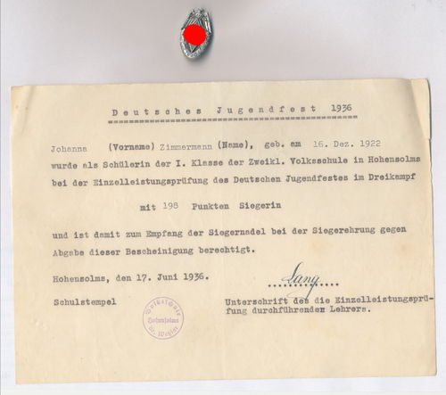 BDM Urkunde & Wettkampf HJ Siegernadel für Mädel Johana Zimmermann Jugendfest Hitlerjugend DJ 1936