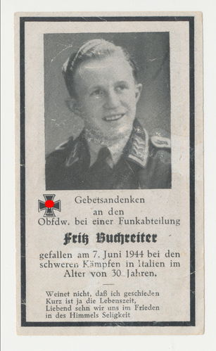 Sterbebild Fritz Buchreiter Luftwaffe gefallen Juni 1944 in Italien