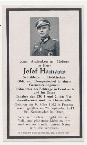 Sterbebild Josef Hamann Offizier Kompaniechef Orden EK2 & EK1 gefallen bei Karostowize 1943