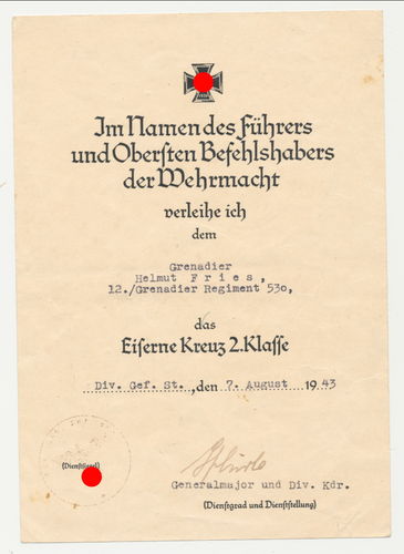 Urkunde zum EK2 Eisernes Kreuz 2. Kl Grenadier Rgt 530 mit Original Unterschrift Generalmajor 1943
