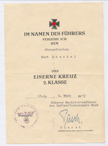 Urkunde EK2 Eisernes Kreuz 2. Klasse 1939 im Luftwaffenkommando West vom März 1945