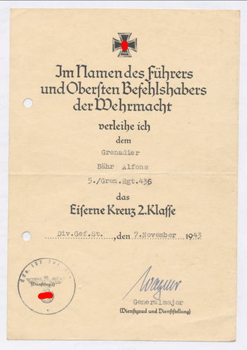 Urkunde EK2 Eisernes Kreuz 2. Klasse 1939 Grenadier Rgt 436 Original Unterschrift General Wagner