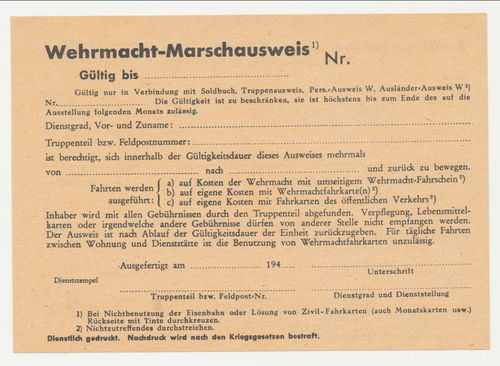 Wehrmacht Marsch Ausweis - Blanko nicht ausgefüllt WK2