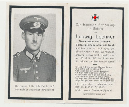 Sterbebild Ludwig Lechner Infanterie gefallen in Russland bei Woronesch 1942