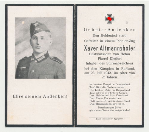 Sterbebild Xaver Altmannshofer Infanterie Pioniere gefallen in Russland 1942
