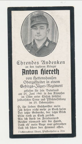Sterbebild & History Verlustliste Gebirgsjäger Regiment 98 Anton Hiereth gefallen 1941 im 12./ GJR98