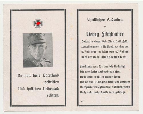 Sterbebild & History Verlustliste Fischbacher Gebirgs Pionier Ers Btl 54 gefallen 1942 Russland