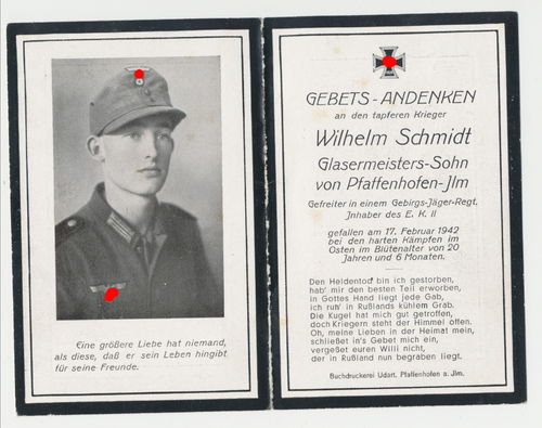 Sterbebild mit History Gebirgsjäger Ers Btl. 100 / GJR Btl. 98 gefallen bei Fidlerowo 1942