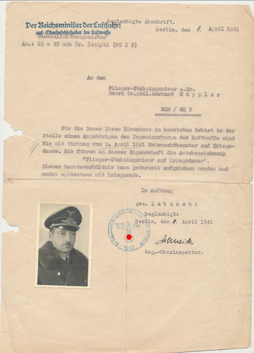 Bestallung zum Beamten Flieger Stabsingenieur auf Kriegsdauer 1941 mit Foto