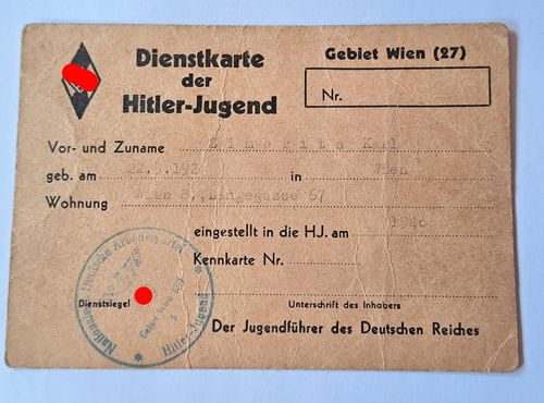 HJ Hitlerjugend Dienstkarte Ausweis Gebiet Wien (27) Österreich