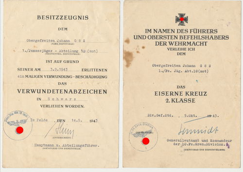 Panzerjäger Abt 10 Panzergrenadier Div Urkunde EK 2 & VWA Original Unterschrift General Lt Schmidt