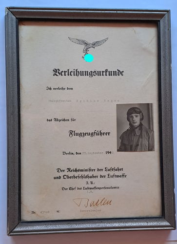 Gerahmte Verleihungs Urkunde zum Flugzeugführerabzeichen Flieger Pilot Egidius Hagen 1940