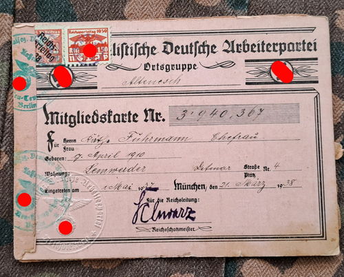 NSDAP Mitglieds Ausweis Ortsgruppe Altenesch für FRAU Käthe Fuhrmann 1938