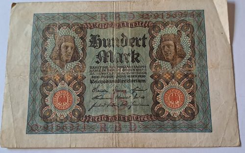 Banknote Reichsbanknote RBD Propaganda Hundert Mark mit Sinnspruch von 1920