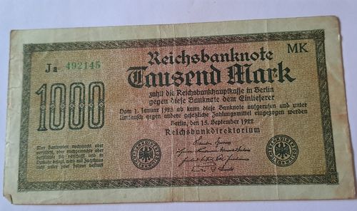 Banknote Reichsbanknote Propaganda Eintausend Mark mit Sinnspruch von 1922