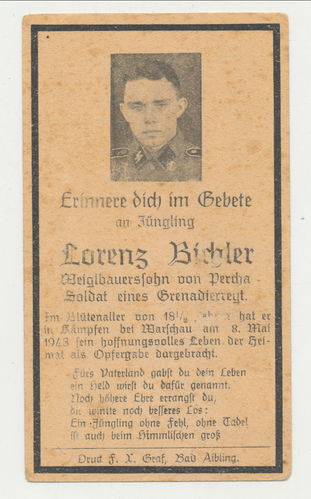 Sterbebild Waffen SS Lorenz Bichler Starnberg Percha gefallen in Warschau Polen 1943