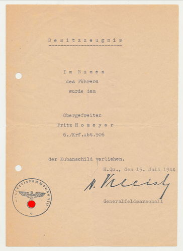 Urkunde zum Kubanschild Ärmelschild Kuban Brückenkopf Krf.Abt. 906 Juli 1944