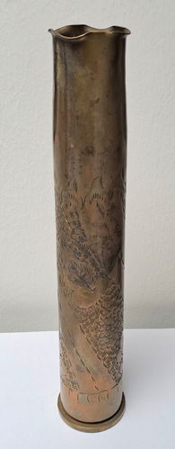Grabenkunst verzierte Granate Hülse Kartusche als Vase umgearbeitet WK1 / WK2