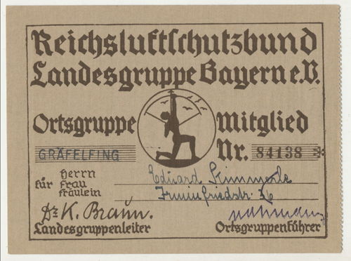 RLB Reichsluftschutzbund Luftschutz München Land Bayern Gräfelfing Ausweis Mitgliedskarte 3. Reich