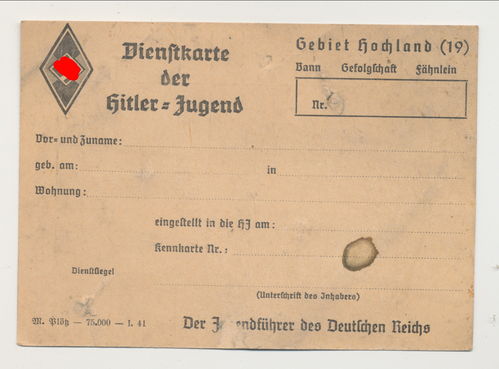 Ausweis Dienstkarte der HJ Hitlerjugend Gebiet Hochland (19) BLANKO nicht ausgefüllt