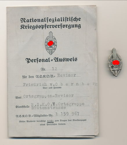 NSKOV Mitgliedsabzeichen & Ausweis Mitgliedskarte ADEL Adeliger F. von Obernberg 1936