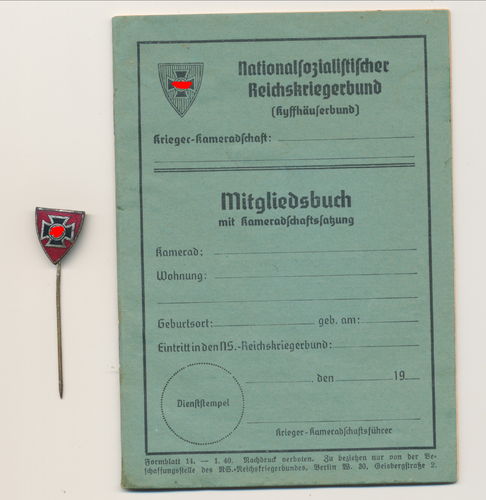 Reichskriegerbund Mitgliedsabzeichen & BLANKO Mitglieds Ausweis mit Rang Uniform Tafeln 3. Reich