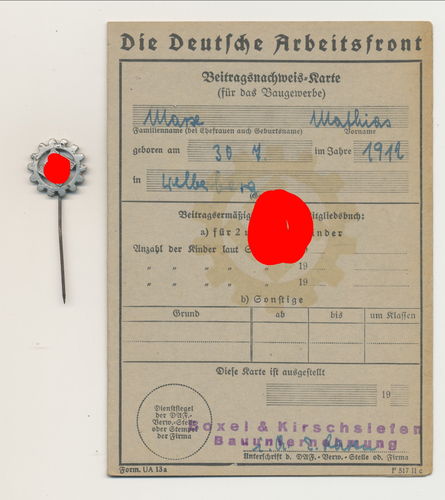 DAF Mitgliedsabzeichen & Beitragskarte Ausweis mit Beitragsmarken 3. Reich