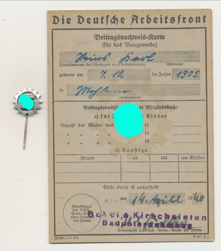DAF Mitgliedsabzeichen & Beitragskarte Ausweis mit Beitragsmarken 3. Reich