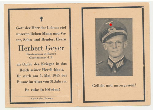 Sterbebild OFFIZIER Oberleutnant Herbert Geyer gefallen 1. Mai 1945 in Fiume bei Rijeka Kroatien