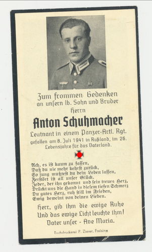 Sterbebild Leutnant Offizier Anton Schumacher Panzerartillerie Rgt 27 mit HISTORY