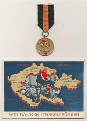 Einmarschmedaille Sudetenland 1. Oktober 1938 am Band mit Postkarte Sudeten 1938 dazu