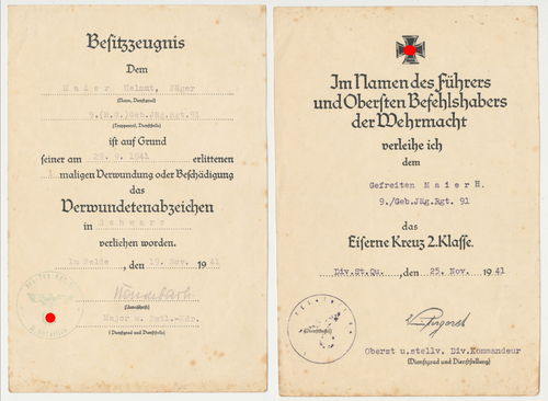 9. (MG) Gebirgsjäger Rgt. 91 Urkunde zum EK2 Eisernes Kreuz & Urkunde Verwundetenabzeichen von 1941