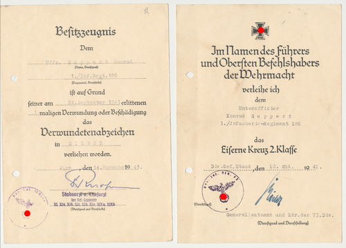 Infanterie Rgt 186 Urkunde zum EK2 Eisernes Kreuz 1939 & Verwundetenabzeichen in Silber von 1941