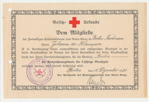 Urkunde Auszeichnungs Borte 9 Jahre Dienstzeit freiwillige Sanitäts Kolonne Rotes Kreuz Berlin 1931