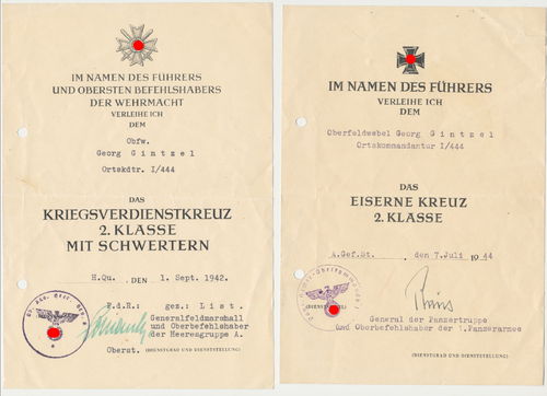 Ortskommandantur I/444 Urkunde zum EK2 Eisernes Kreuz & KVK 2.Kl mit OU General der 1. Panzer Armee
