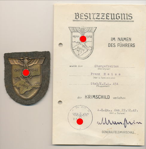 Urkunde mit Ärmelschild Krim Krimschild Stab / K.N.A. 454 von 1942