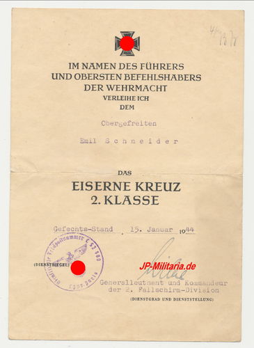 Urkunde EK2 Eisernes Kreuz Stab 2. Fallschirmjäger Division Original Unterschrift General Wilke 1944