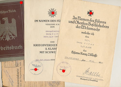 Inf Rgt 468 & Bäckerei Kp mot 268 Urkunde EK2 mit Original Unterschrift General Lt Straube und KVK