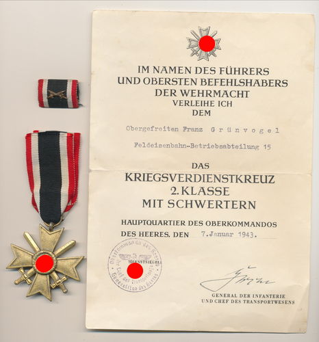 Urkunde Feldeisenbahn Betr Abt 15 mit KVK Original Unterschrift KVK Ritterkreuzträger General Gercke