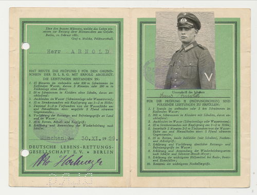 DLRG deutsche Lebensrettungsgesellschaft Grundschein für einen Reichswehr Soldaten 1929