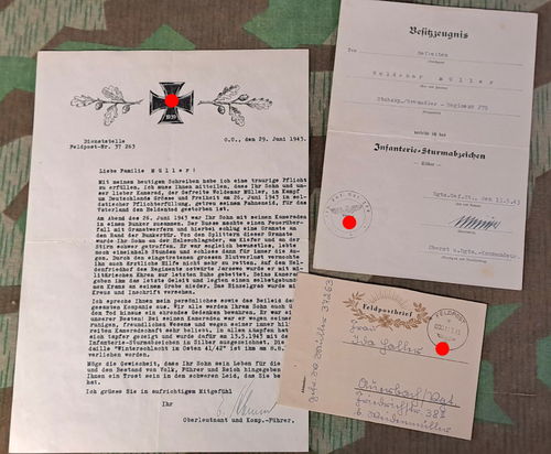 Urkunde Müller Grenadier Rgt 279 Infanterie Sturmabzeichen Schreiben zum Heldentod & Feldpostbrief