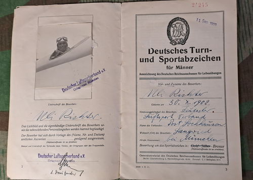 Urkunde zum DRA Sportabzeichen Uli Richter DLV Pilot Luftsportverband München 1933