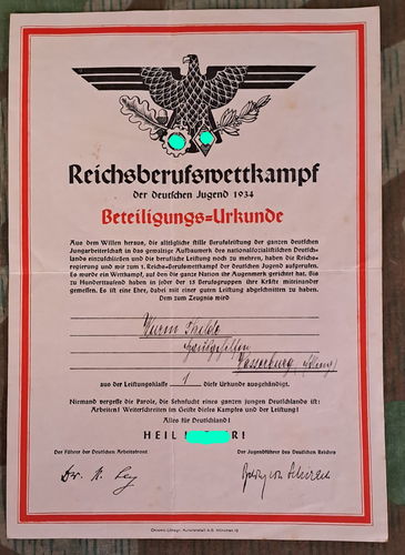 Urkunde Reichsberufswettkampf HJ Hitlerjugend deutsche Jugend für BDM Mädel Hilde Wurm 1934
