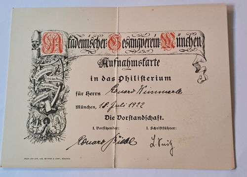 Urkunde Aufnahmekarte akademischer Gesangverein München in das Philisterium 1922