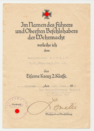 Urkunde zum EK2 Eisernes Kreuz Flak Rgt 501 Original Unterschrift General Zenetti 1940 LG VII.
