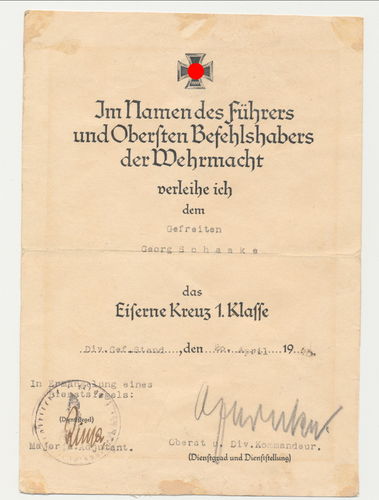 Urkunde zum EK1 Eisernes Kreuz 1. Klasse Original Unterschrift Oberst Divisionskommandeur