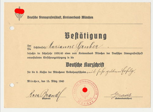 Steno deutsche Stenographenschaft Kurzschrift Urkunde Marianne Gruber München 1940