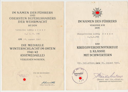 Artillerie Rgt 296 Urkunde Ostmedaille & KVK 2. Klasse Kriegsverdienstkreuz 1944