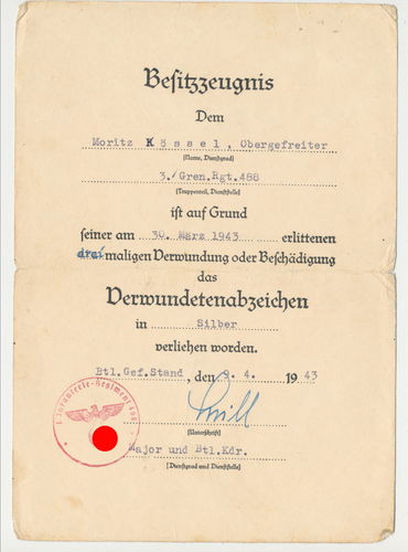 Urkunde Ogfr Kössel zum Verwundetenabzeichen 1939 in Silber Grenadier Rgt. 488 von 1943